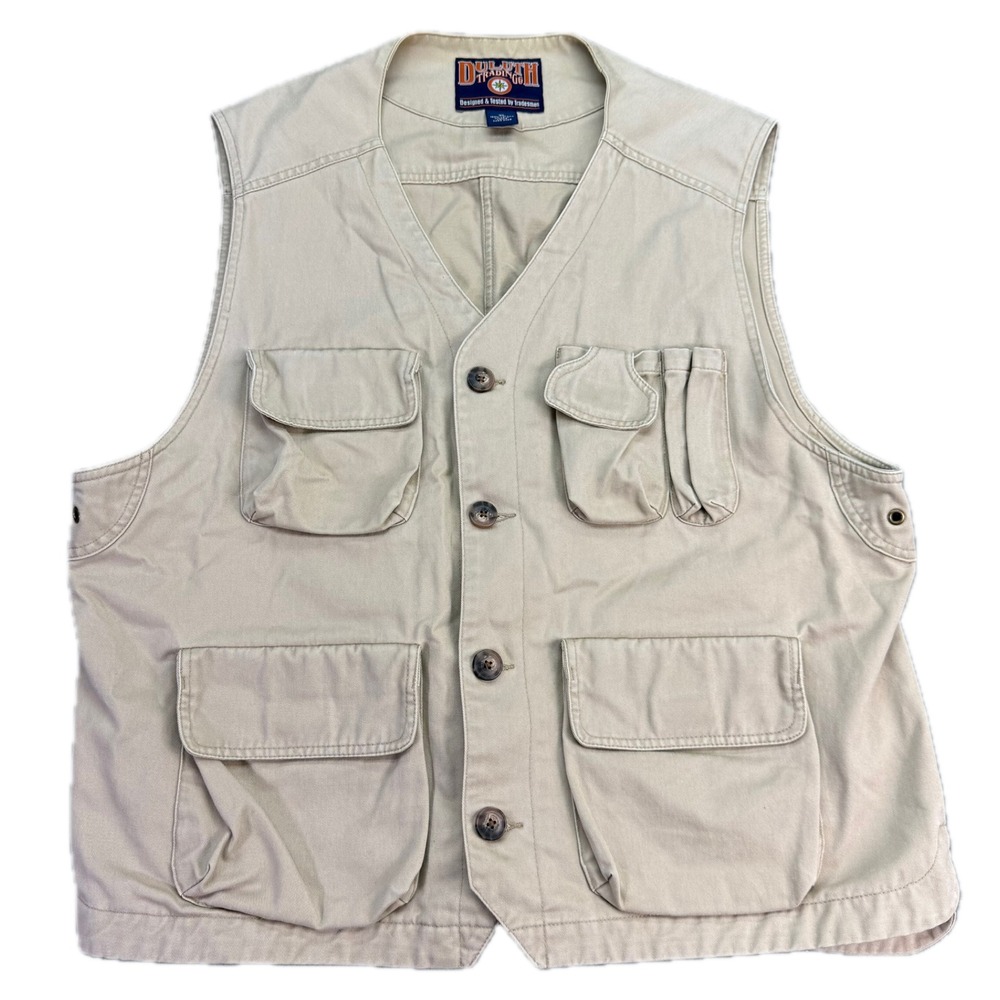 Duluth Trading Co Utility Vest Mens XL Tan Khaki Cotton Multi-Pocket Workwear